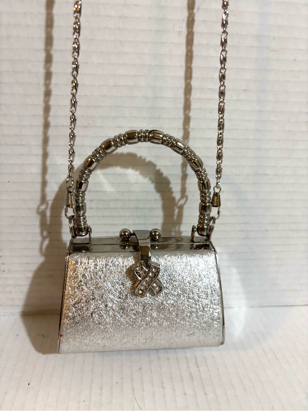 Silver Metallic Top-Handle Evening Bag with Chain - Picture 3 of 6